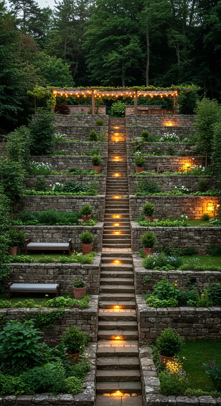 Grote getrapte stenen tuin met verlichte treden die leiden naar een verlichte pergola bovenaan.
