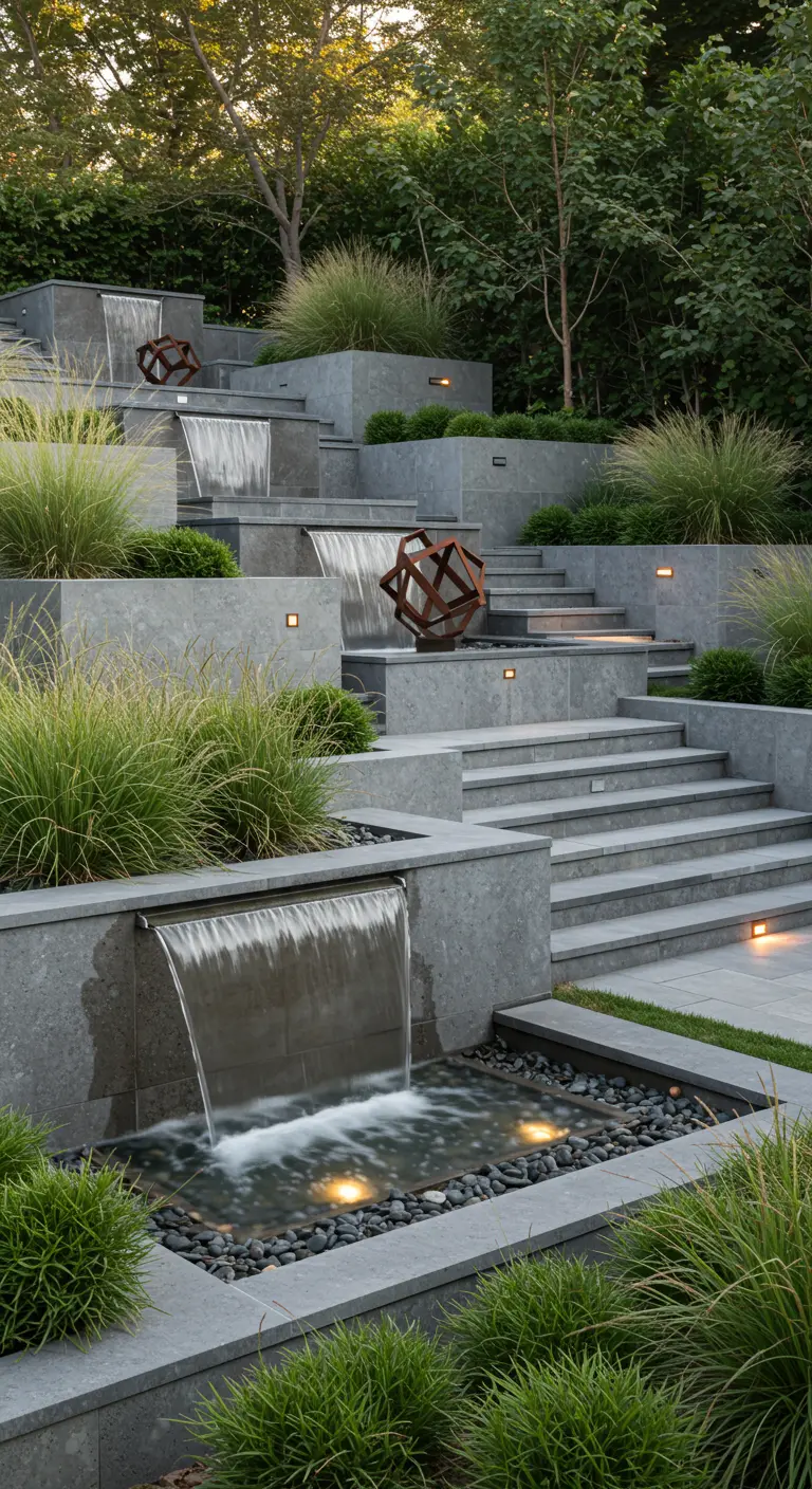 Gelaagde tuin met betonnen terrassen, watervallen en metalen geometrische sculpturen.