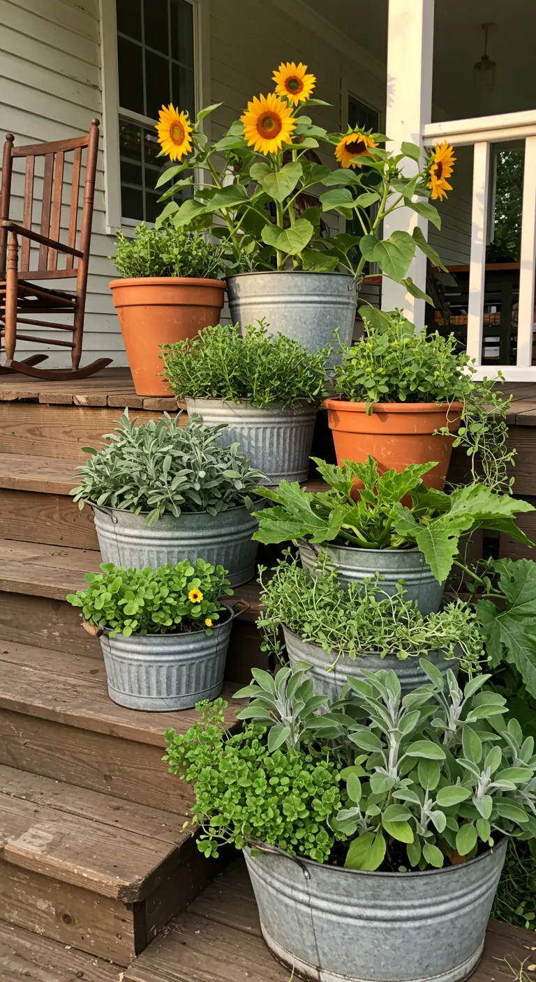 Houten trap met zinken en terracotta potten gevuld met zonnebloemen, salie, tijm en courgette.