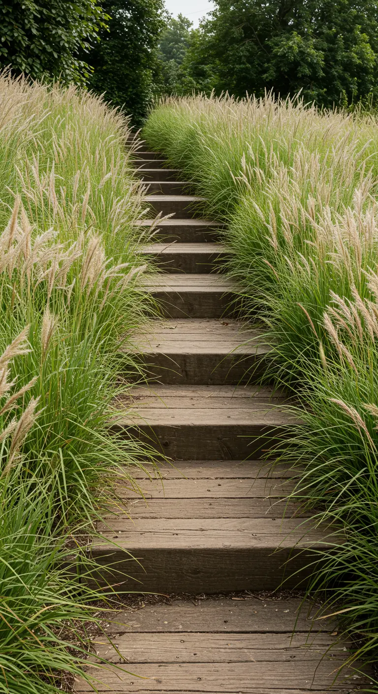Houten trap geflankeerd door hoge, wuivende siergrassen.