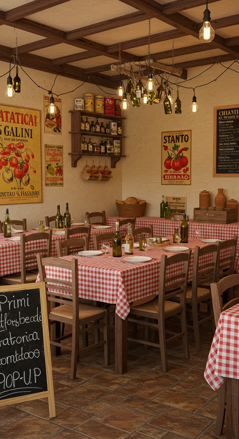 Eetkamer omgetoverd tot Italiaanse trattoria met geblokte kleden en sfeerlicht.