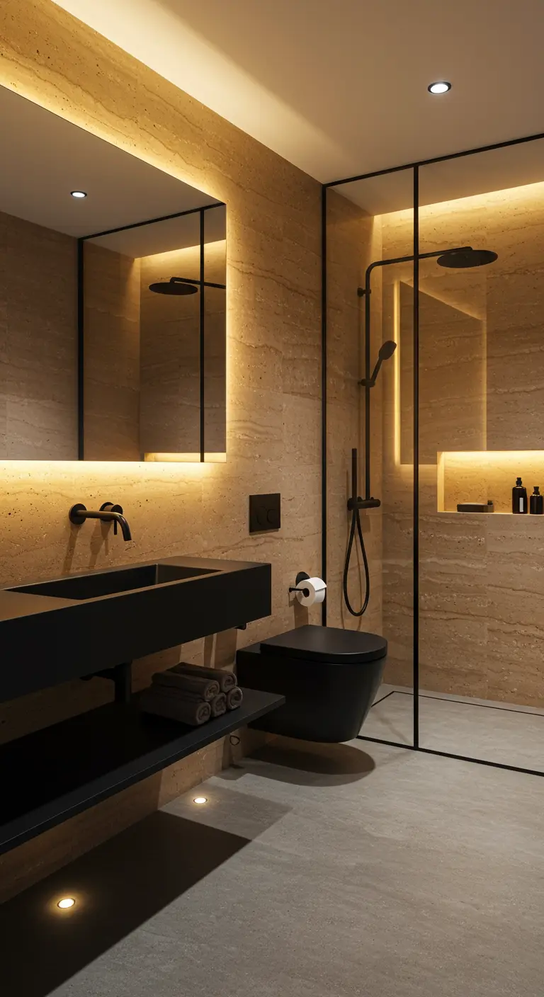 Moderne badkamer met travertin-look tegels, zwart sanitair en indirecte verlichting.
