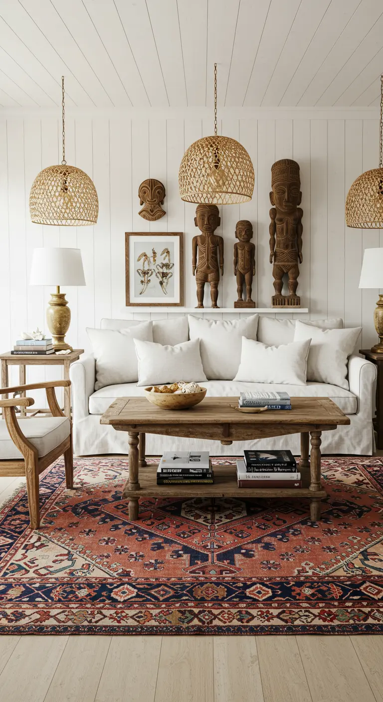 Lichte woonkamer met witte bank, houten beelden, rotan hanglampen en een Perzisch tapijt.