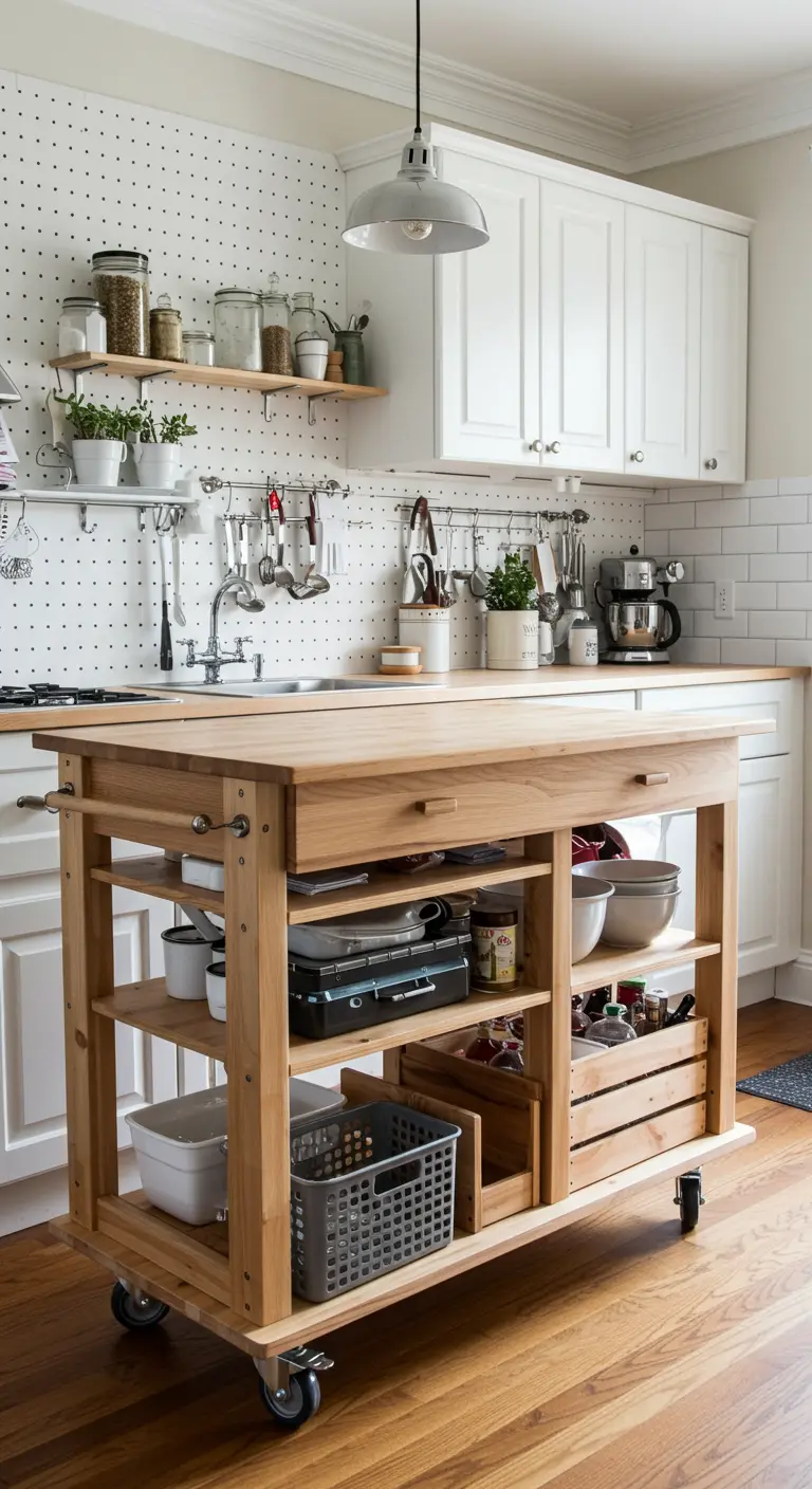 Witte keuken met een groot houten verrijdbaar keukeneiland en een functioneel pegboard aan de muur.