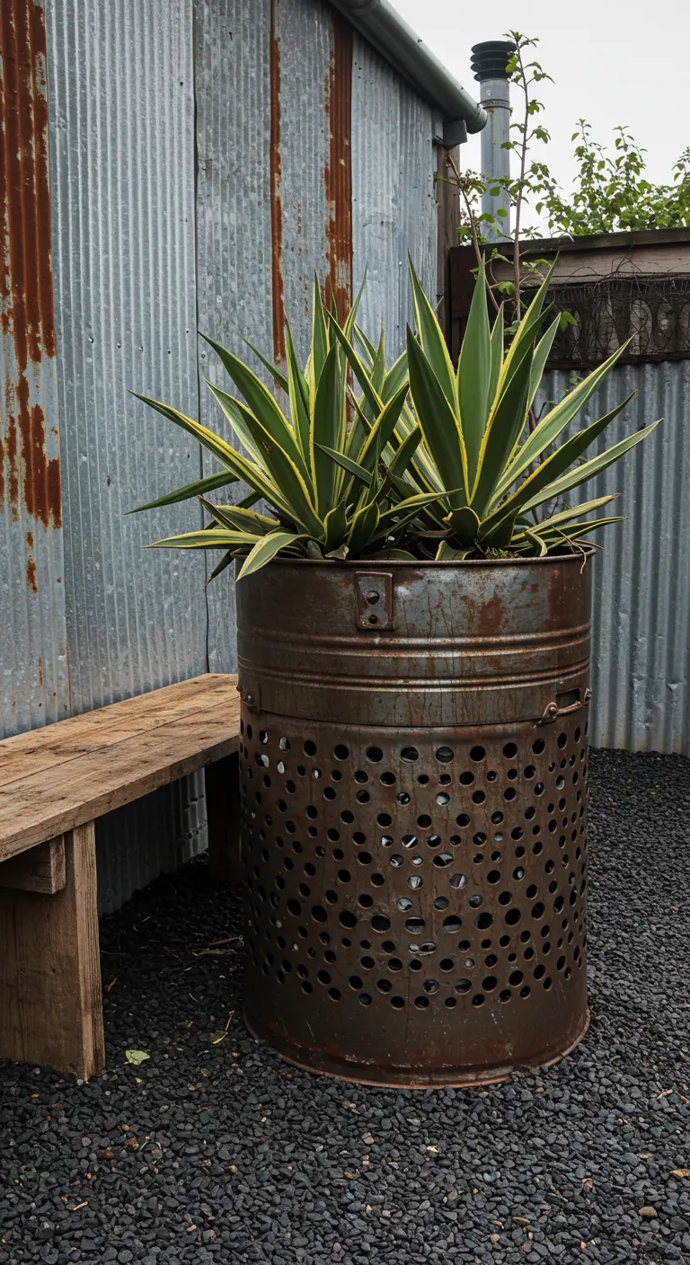 Grote, roestige metalen wasmachinetrommel gebruikt als bloempot met puntige groene planten.
