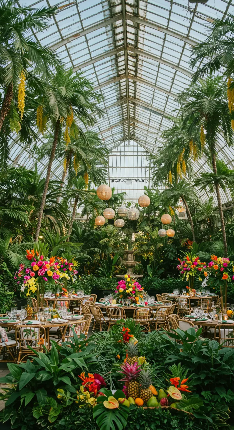 Tropische bruiloft in een kas met kleurrijke bloemen, fruit en rotan meubilair.