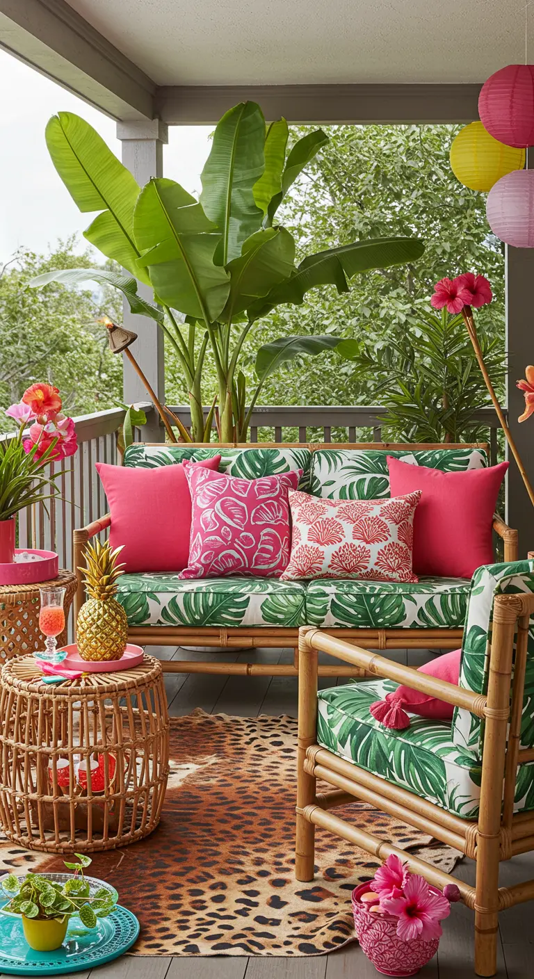 Bamboe loungeset met kussens met bladprint, luipaardkleed en tropische accessoires.
