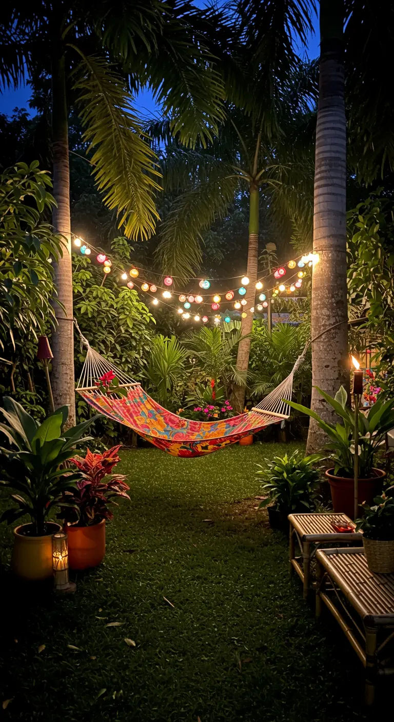 Tropische tuin 's nachts met kleurrijke hangmat en gekleurd lichtsnoer tussen palmbomen.