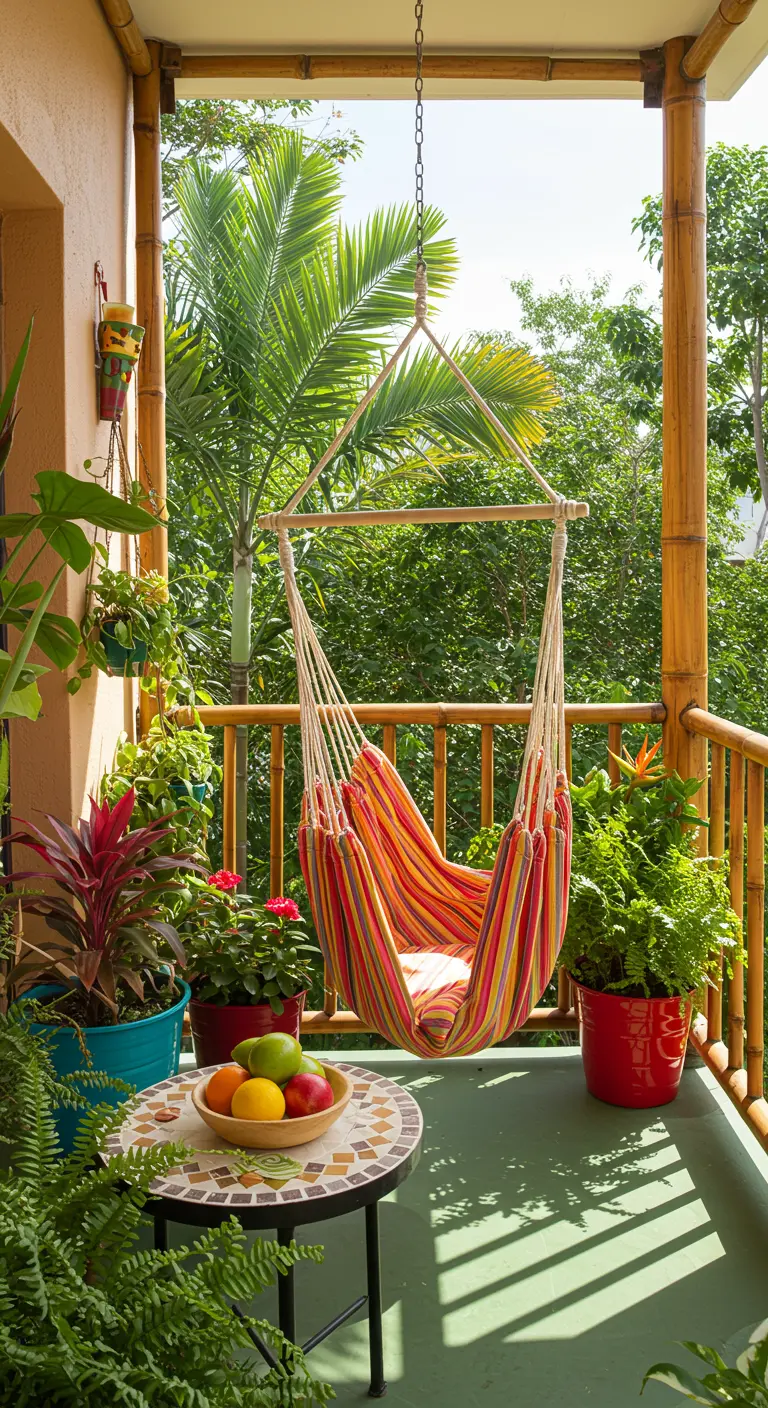 Kleurrijke gestreepte hangmat-stoel op een balkon met tropische planten en bamboe details.