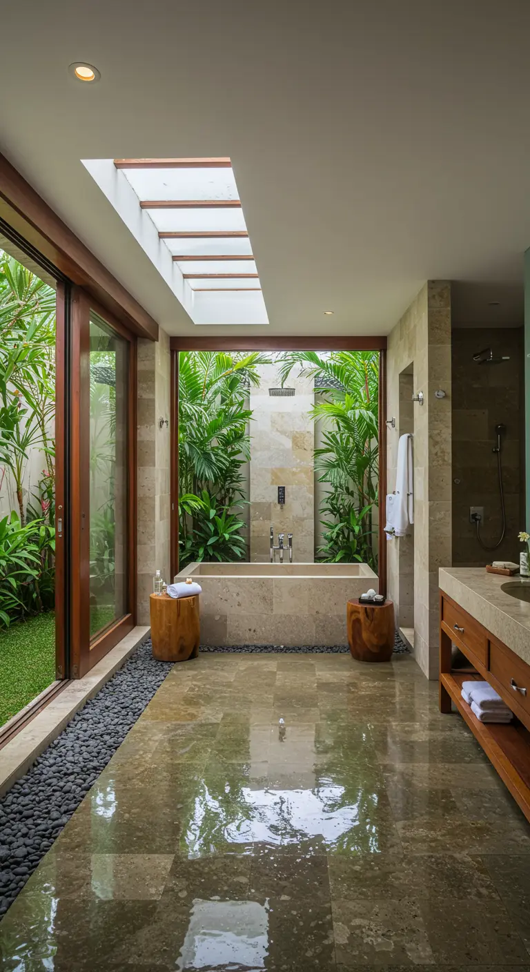 Tropische badkamer met daklicht, glazen pui naar tuin, veel planten en glanzende vloer.