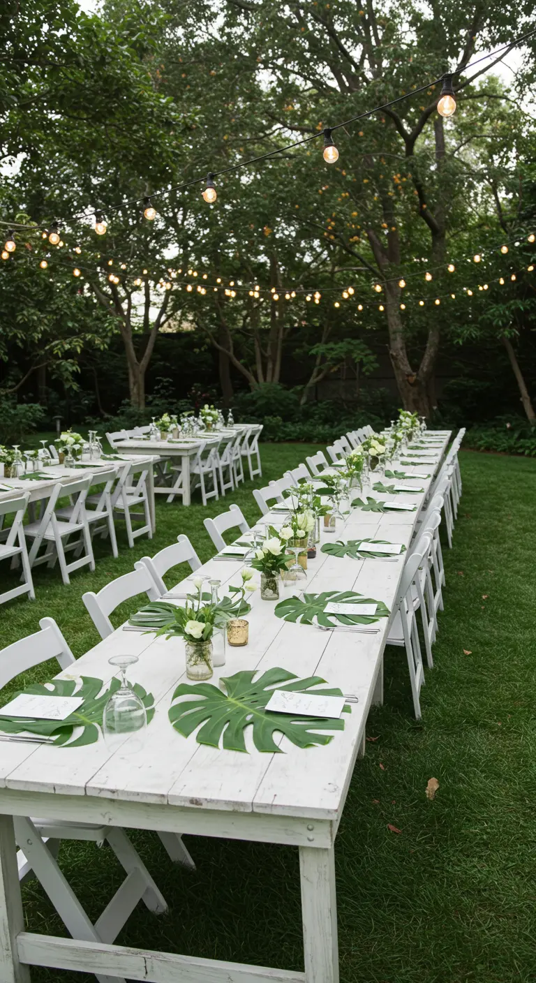 Tuindiner met witte tafels, monsterabladeren als placemats en lichtslingers.