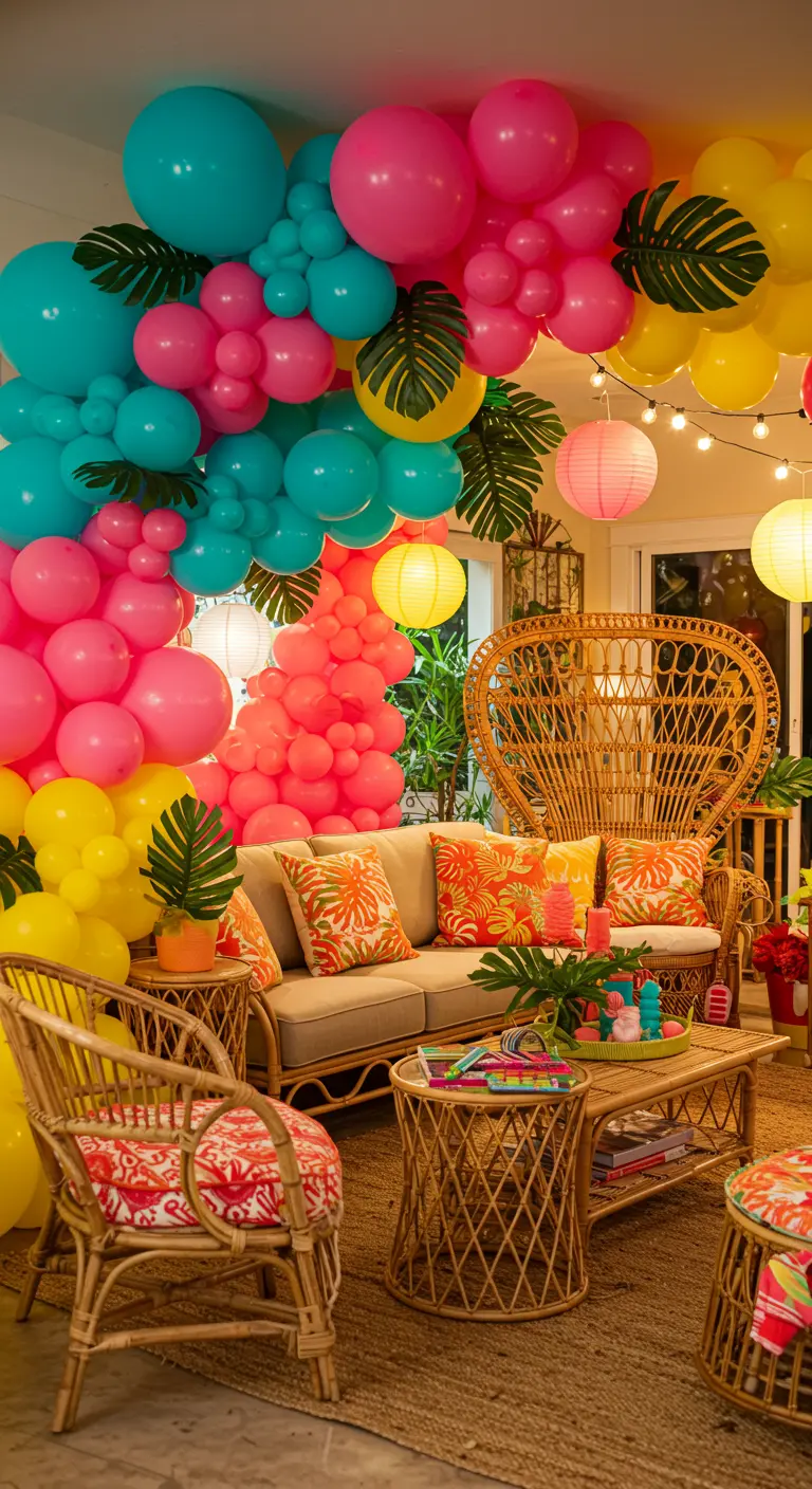 Woonkamer met felgekleurde tropische ballonnen, monstera bladeren en rotan meubels.