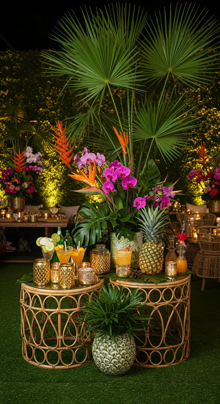 Tropische cocktailsetting met palmbladeren, exotische bloemen, ananassen en gouden accenten.
