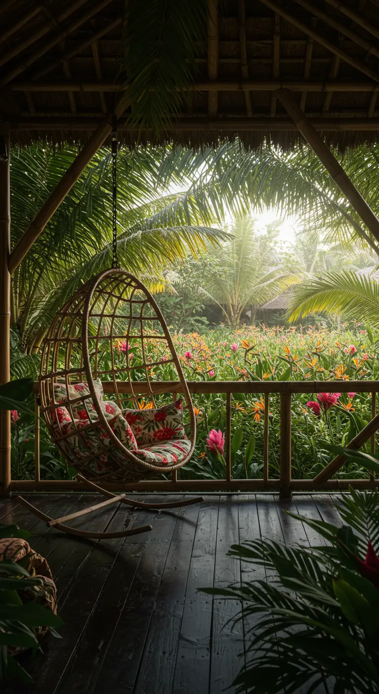 Hangende rotan ei-stoel met bloemenkussens onder een bamboe dak op een tropische veranda met bloemenveld.