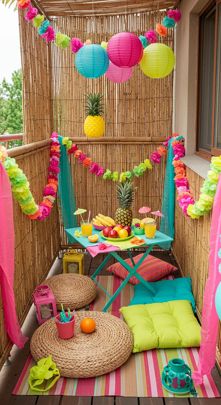 Klein balkon met bamboe, kleurrijke lampionnen, slingers en tropische decoratie.