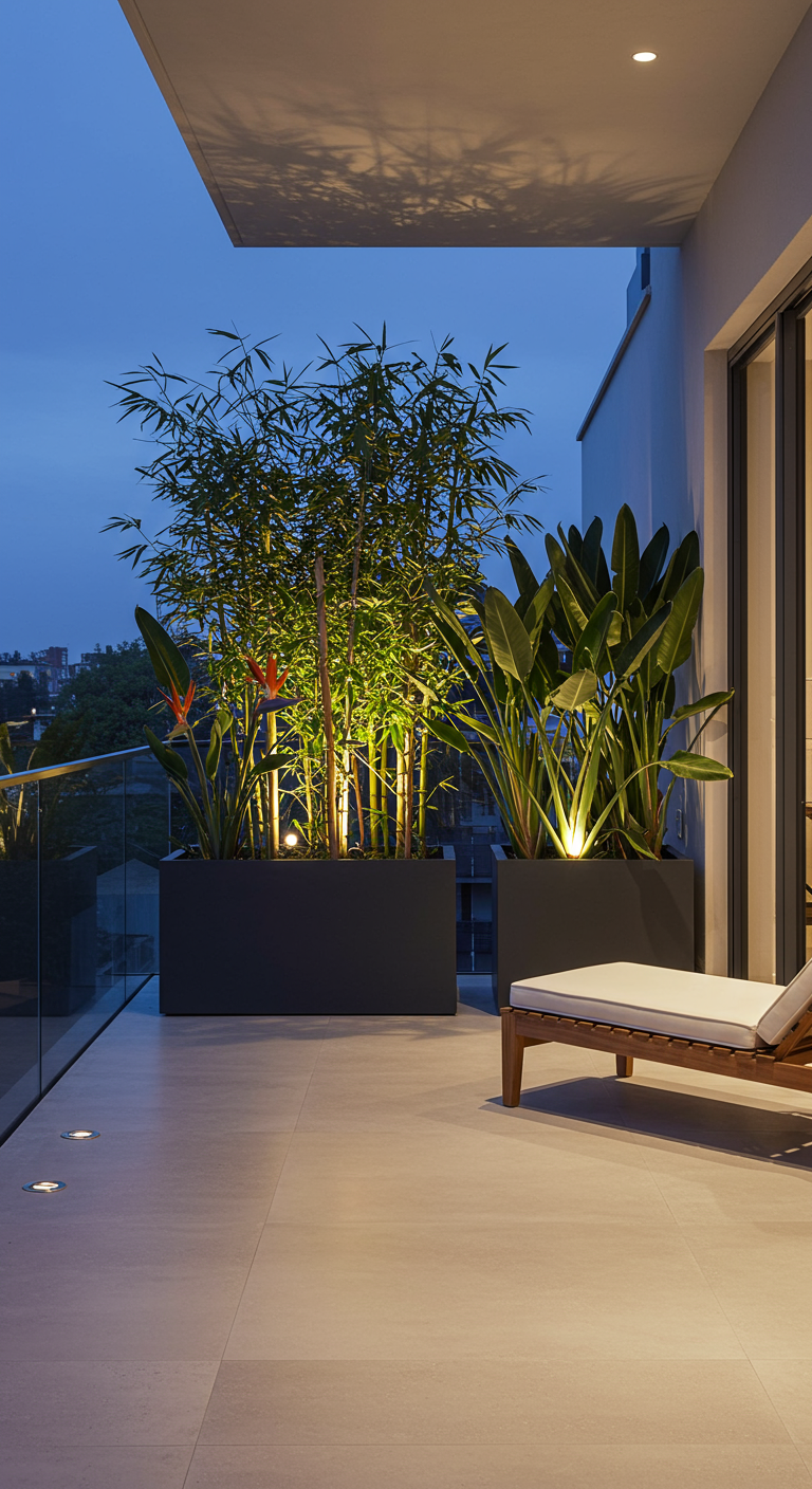 Modern balkon met grote plantenbakken, bamboe en Strelitzia, uitgelicht door spots.