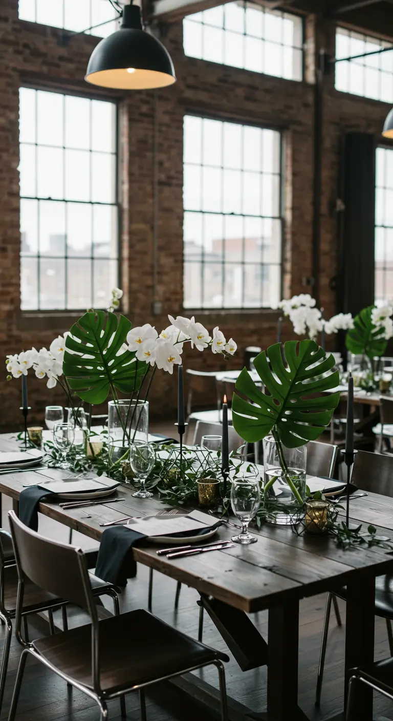 Industriële tafelsetting met monsterablad, witte orchideeën, zwarte kaarsen en donkere servetten.