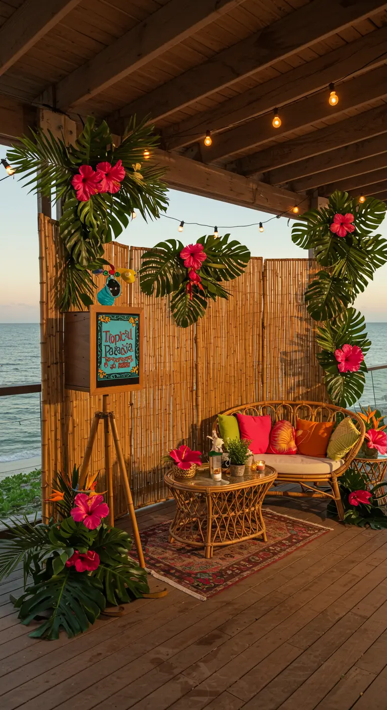 Tropische photobooth met bamboe wand, monstera bladeren, roze bloemen, rotan meubels en zeezicht.
