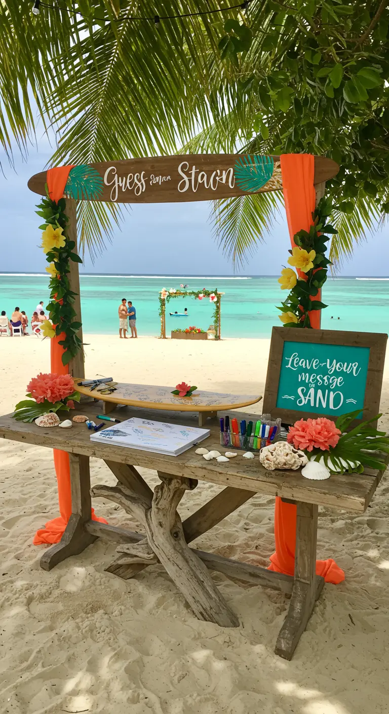 Tropische gastenboekhoek op strand met surfboard, hibiscus en kleurrijke doeken.