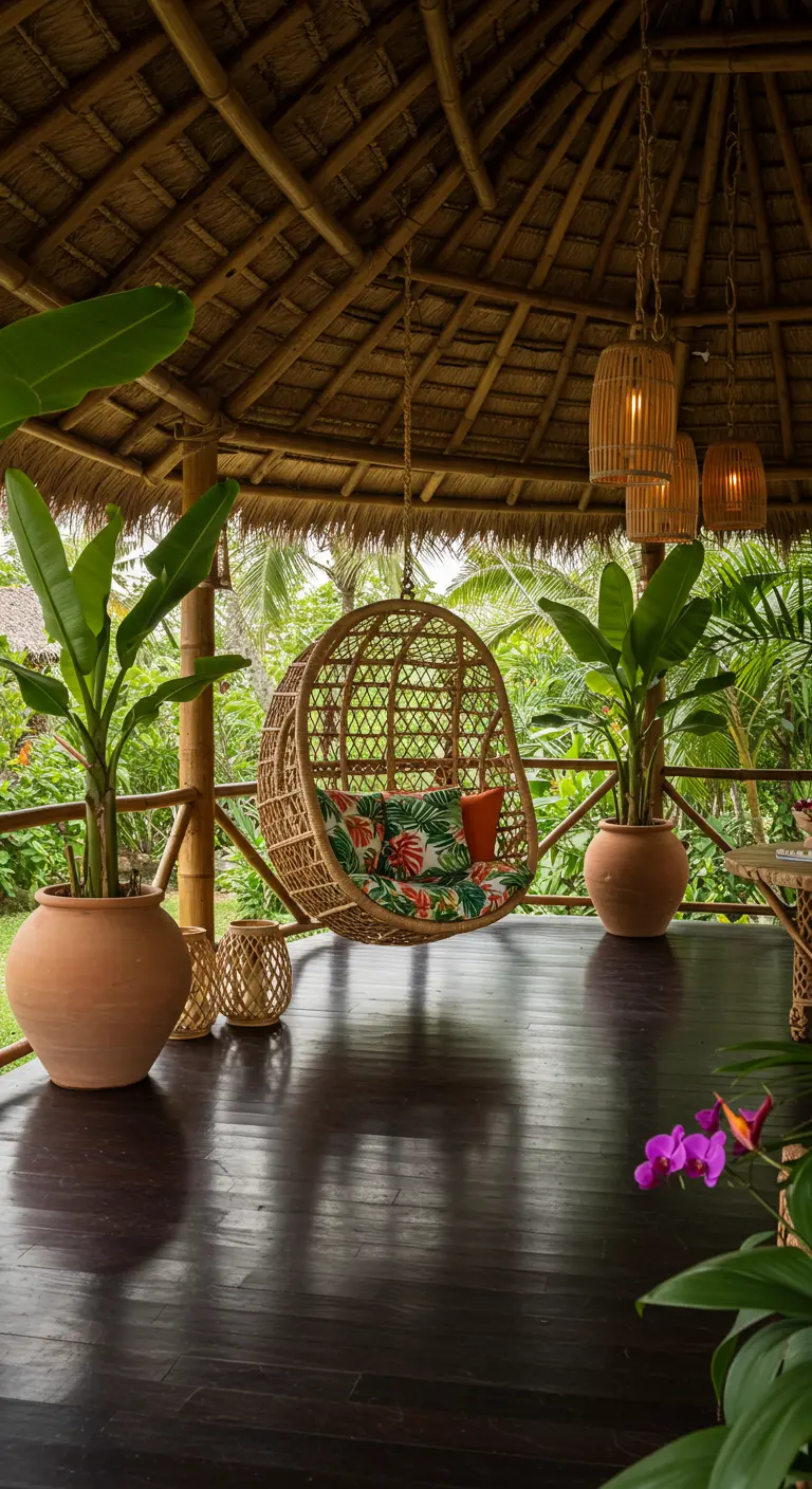 Rotan hangstoel met kleurrijke kussens onder bamboe overkapping, omringd door tropische planten.