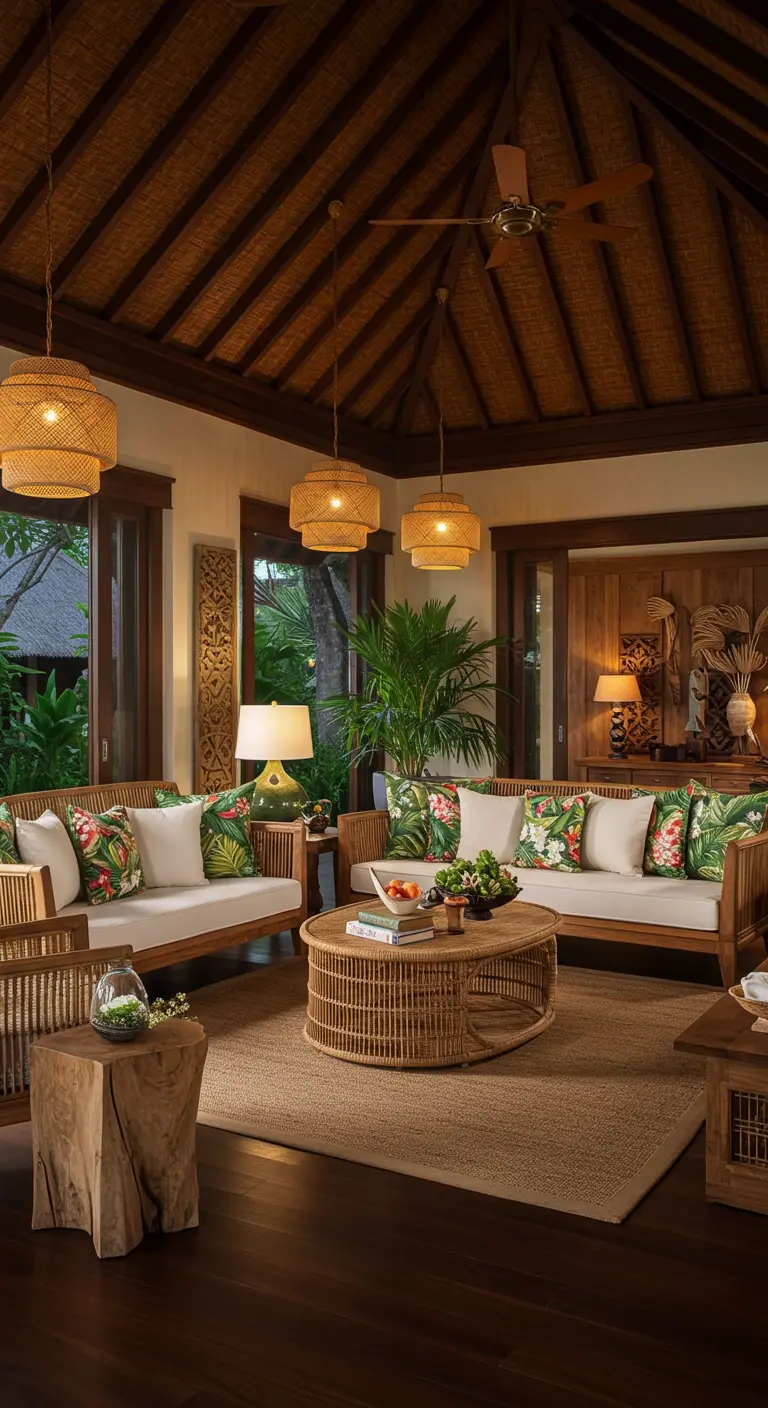 Tropische woonkamer met rotan meubels, bladprint kussens en houten plafond.
