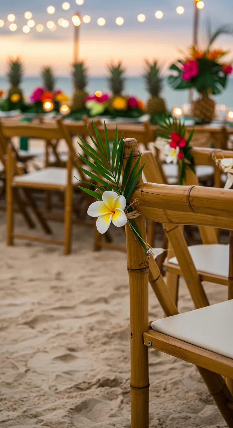 Bamboe stoel op het strand met een witte frangipanibloem en een groen palmblad.