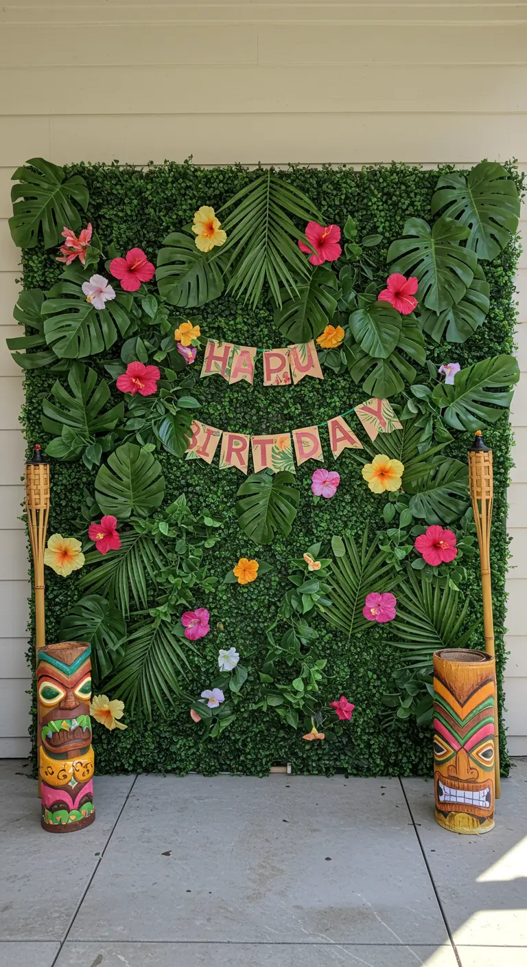 Tropische groene plantenwand met hibiscusbloemen, tiki-beelden en 'Happy Birthday' slinger.