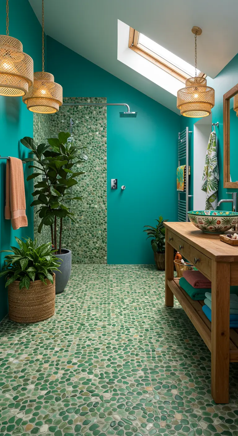 Badkamer met groene kiezelvloer, turquoise muren, planten en rieten lampen.
