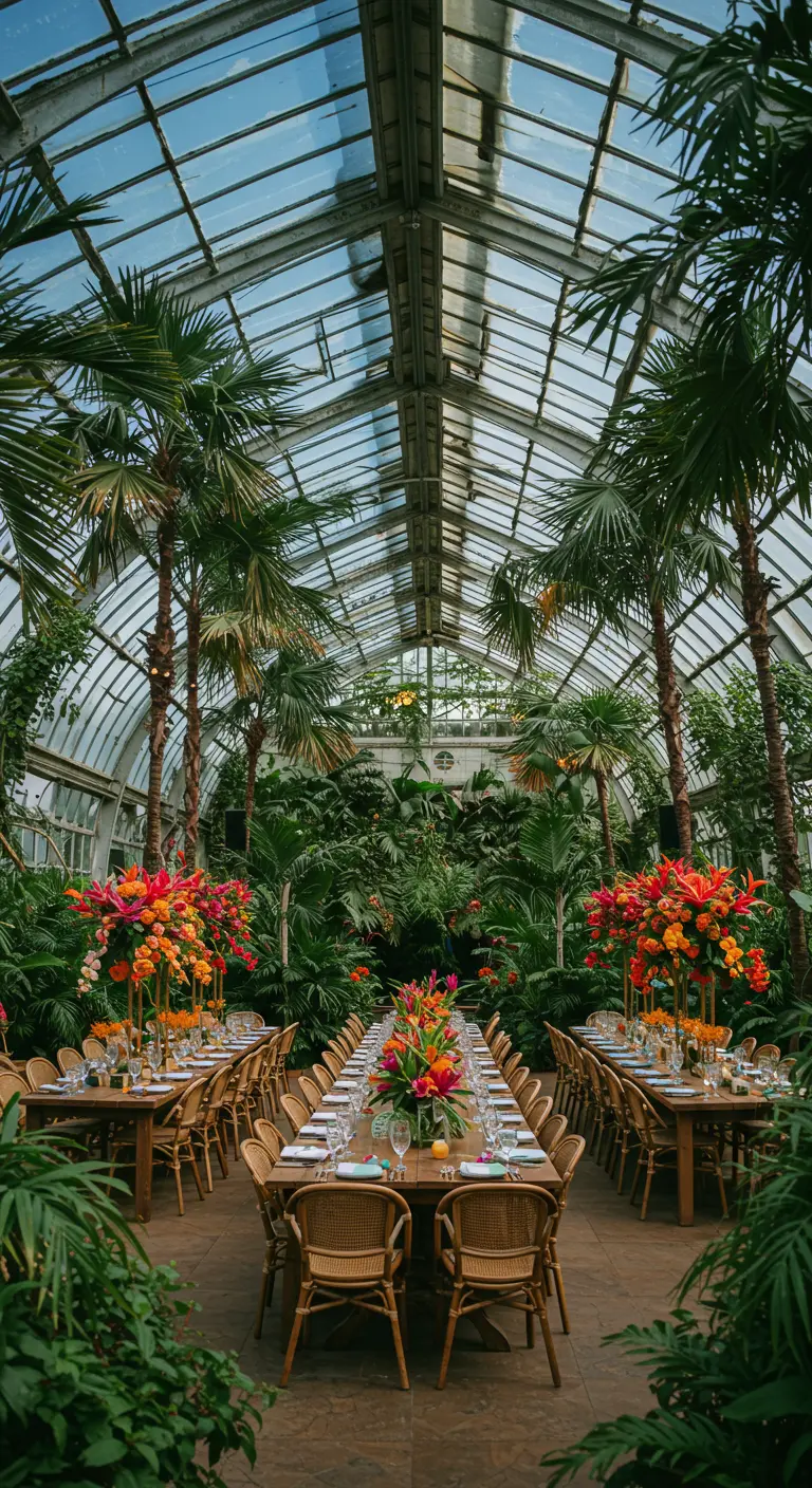 Tropische kas met weelderige planten en lange tafels met felgekleurde bloemstukken