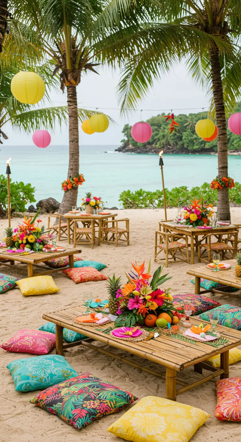 Tropische strandbruiloft met lage tafels, kleurrijke kussens en fruitdecoraties.