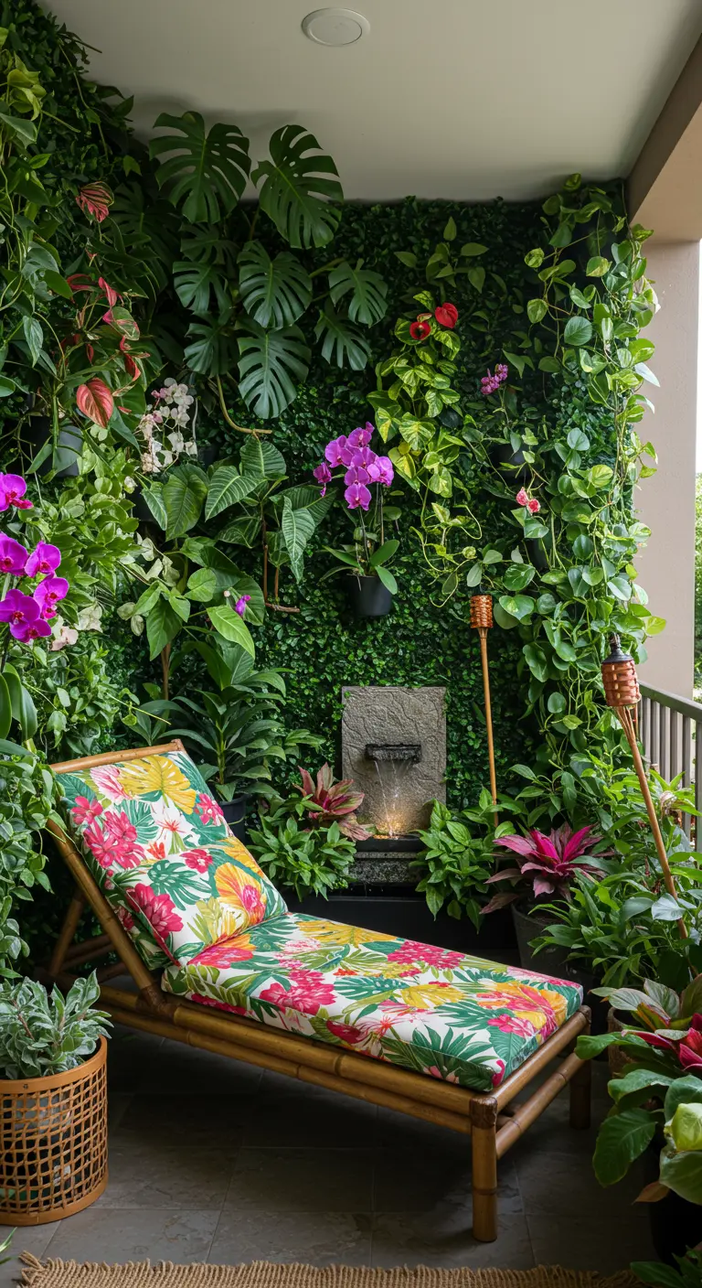 Weelderig balkon met een tropische plantenmuur, een kleine waterfontein en een kleurrijk ligbed.