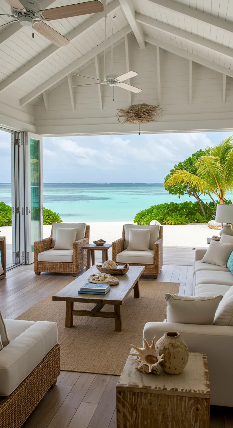 Lichte, open woonkamer met rotan meubels en uitzicht op een tropisch strand en turquoise zee.