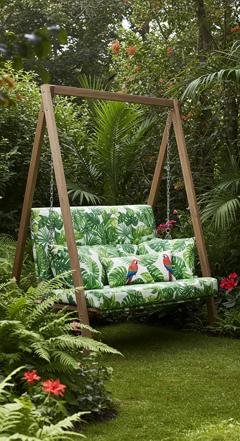 Houten schommelbank met kussens bedrukt met palmbladeren en papegaaien in een groene tuin.