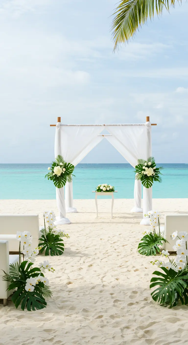 Witte strandceremonie met doeken, monstera bladeren en witte orchideeën.
