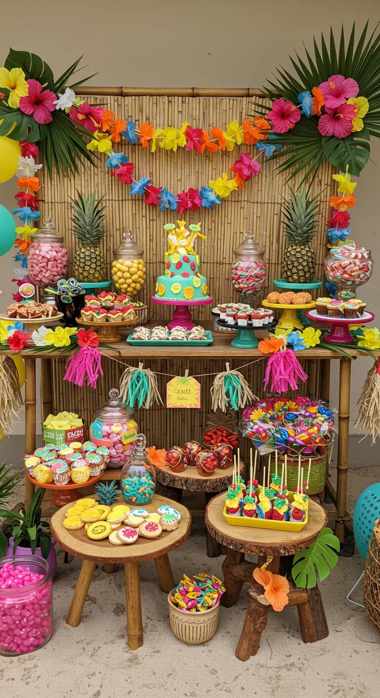 Tropische candy bar met felle kleuren, ananassen, palmbladeren en bamboe.