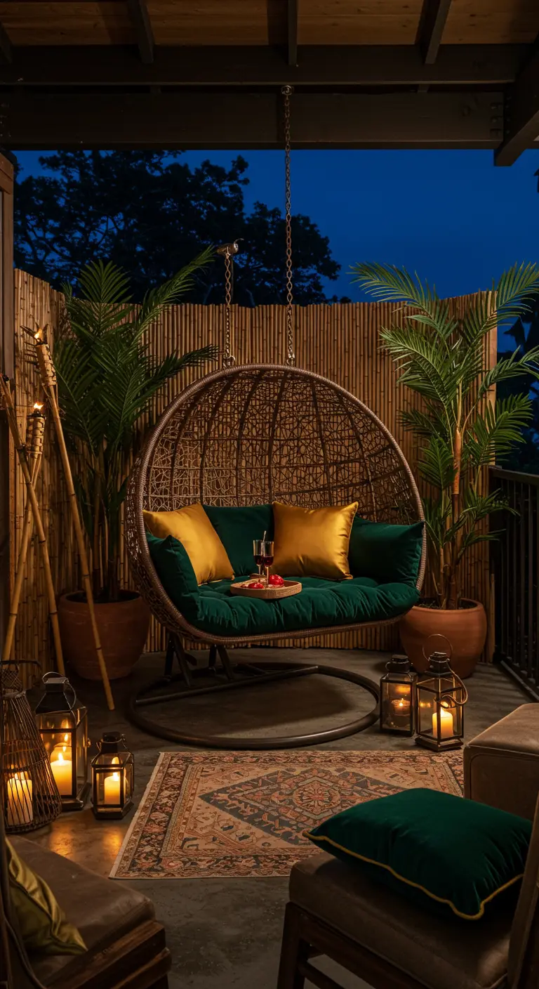 Rotan eivormige duo-hangstoel op balkon met bamboe, palmen en lantaarns.