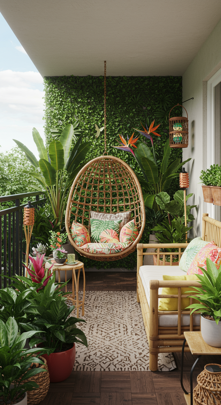 Tropisch balkon met rotan hangstoel, bamboe bankje, veel exotische planten en groene wand.