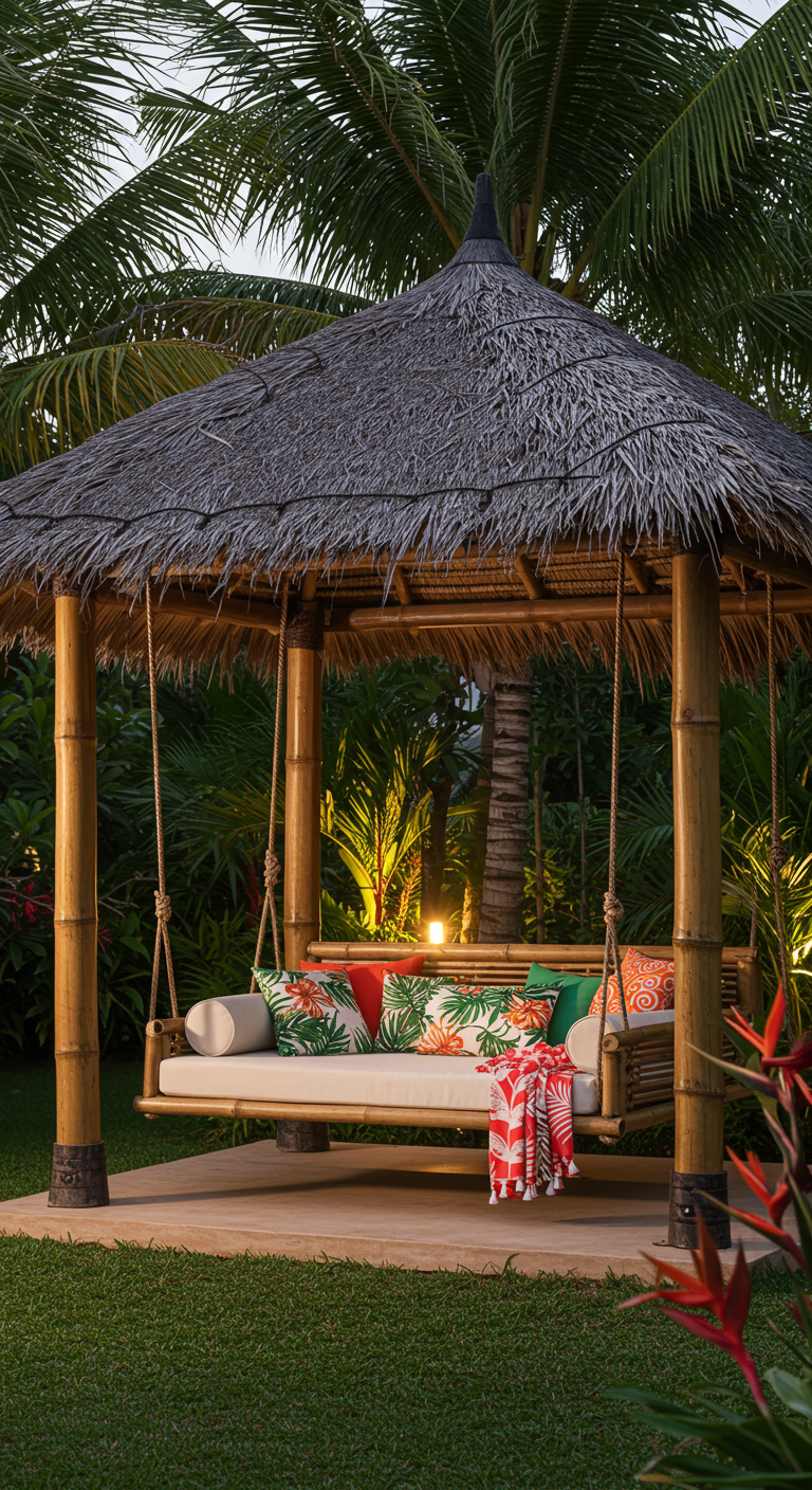 Bamboe gazebo met rieten dak en groot schommelbed met kleurrijke kussens.