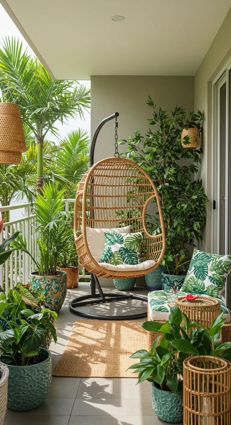 Rotan eivormige hangstoel op een balkon vol groene planten en tropische kussens.