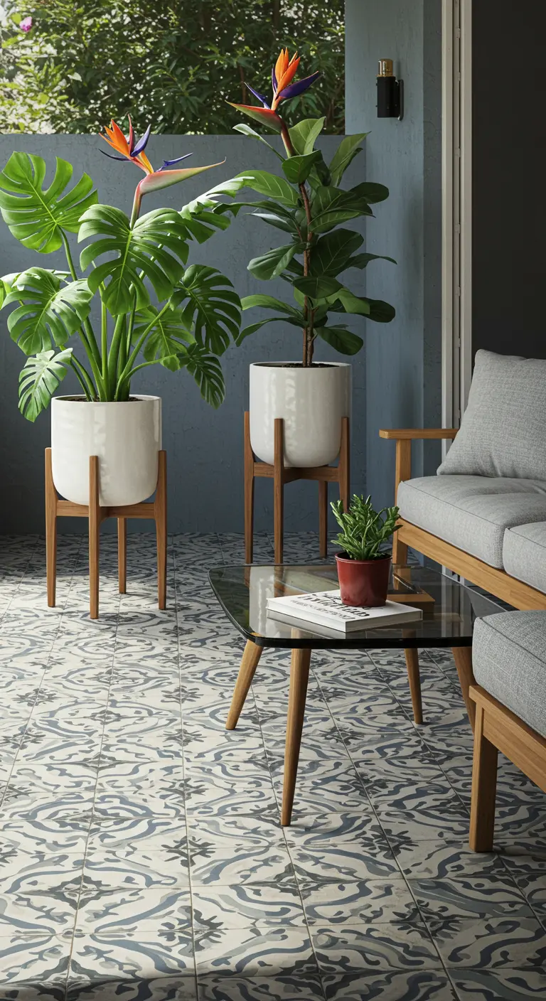 Terras met een wit-grijs patroontegelvloer en grote witte potten op houten standaards met tropische planten.