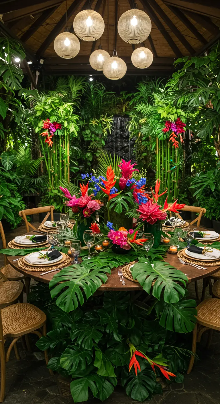 Ronde tafel in jungle-setting, gedecoreerd met grote groene bladeren en levendige tropische bloemen.