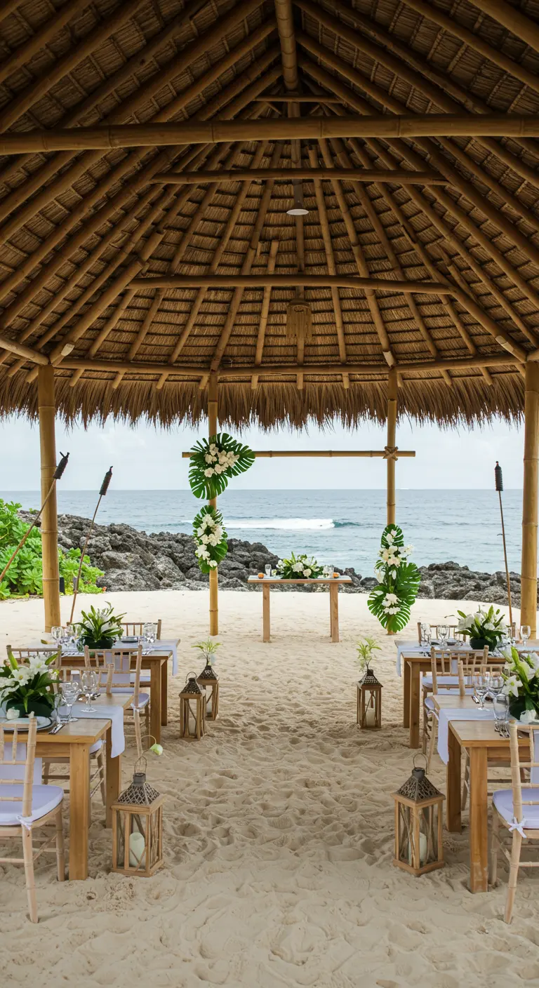 Trouwlocatie aan het strand onder een bamboe afdak, met houten tafels en tropische bloemen.