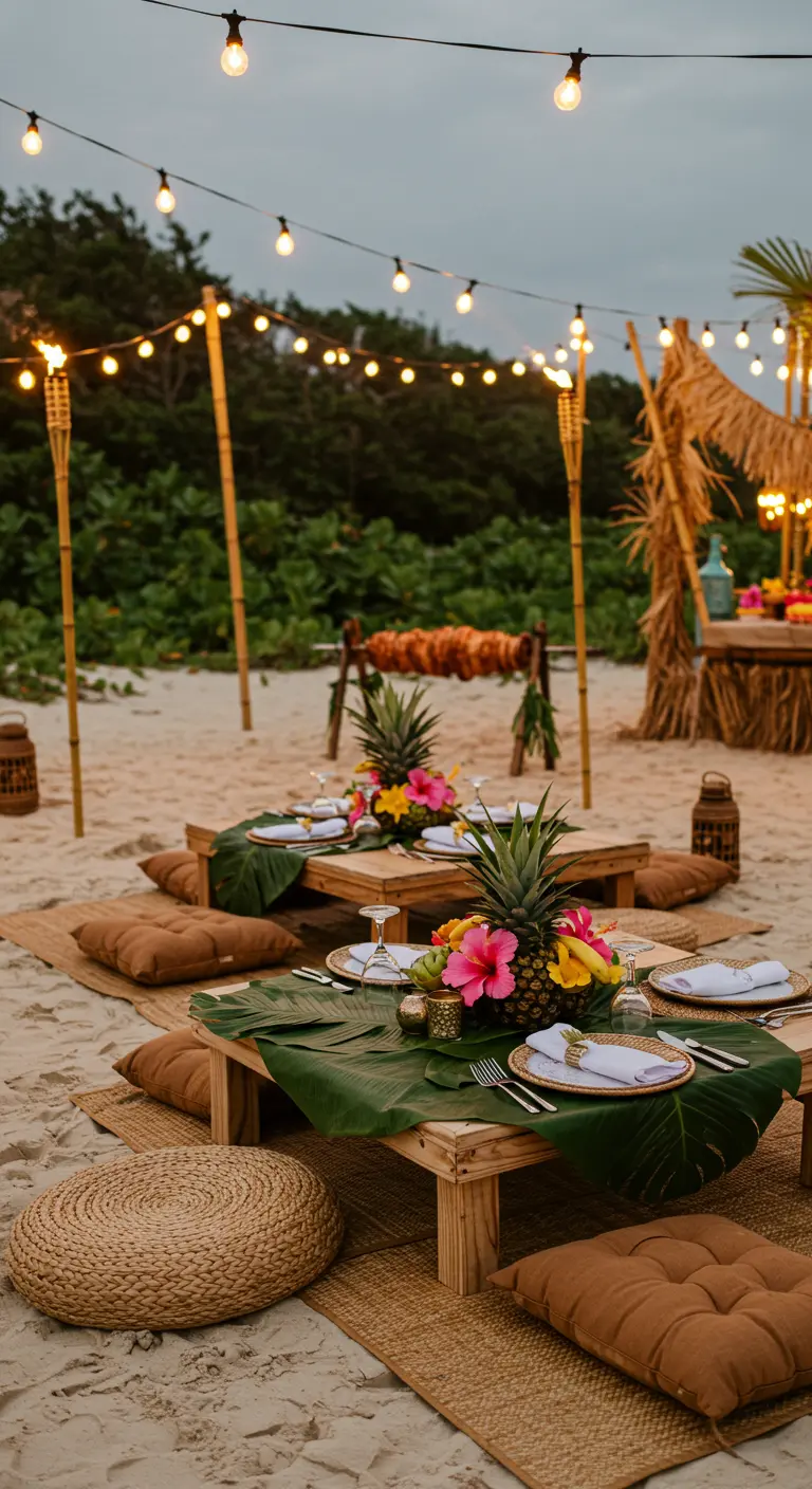 Tropische strandreceptie met lage tafels, ananassen, exotische bloemen en poefs.