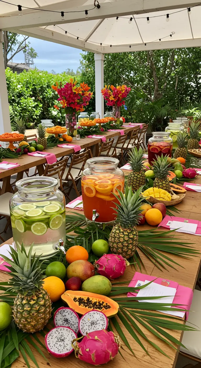 Tropische tafeldecoratie met palmbladeren, ananas, drakenfruit en citrusvruchten, omringd door roze servetten.