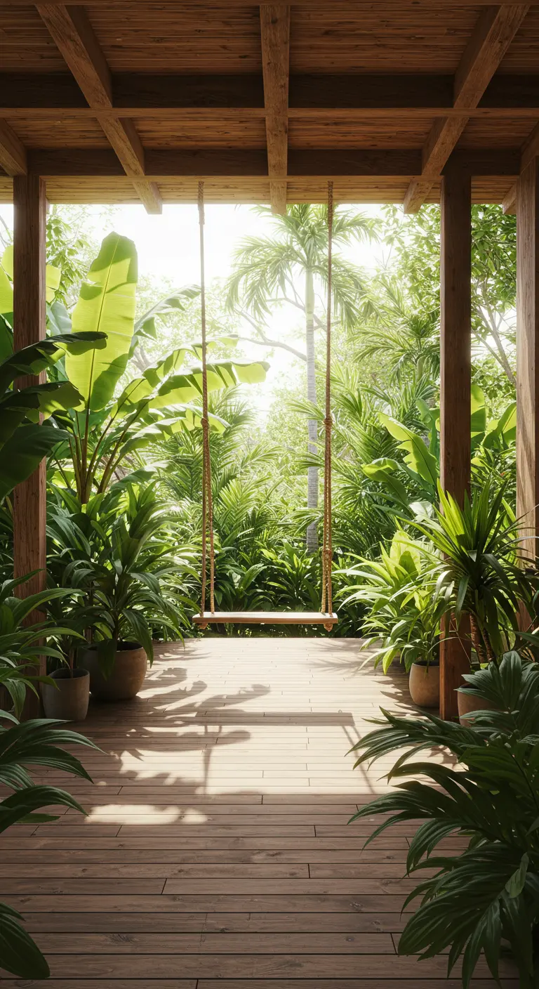 Houten vlonder met schommel, omringd door potten met tropische planten, met helder uitzicht.
