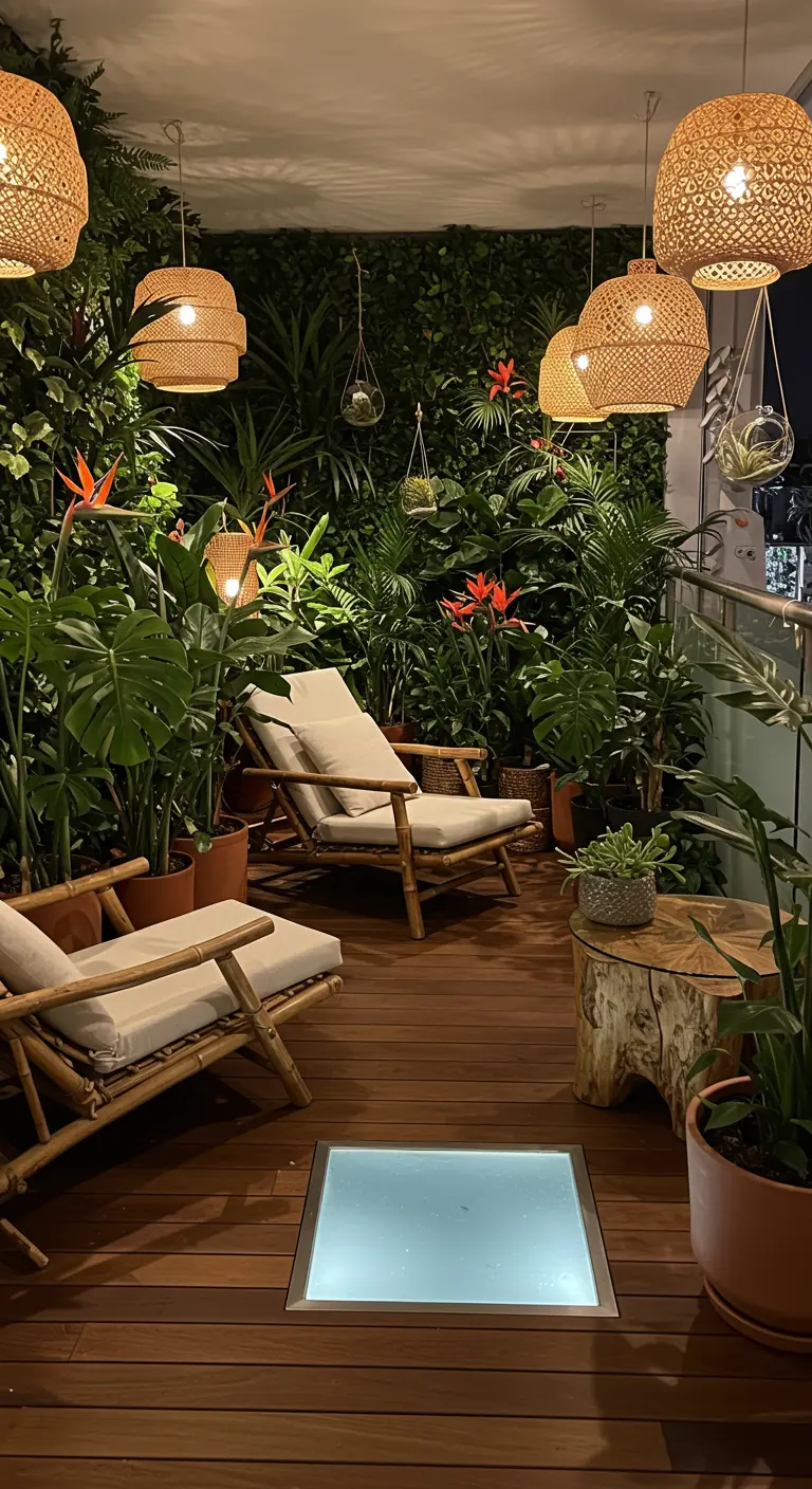 Balkon als tropische oase met bamboe meubels, veel planten en een verlicht glazen vloerpaneel.