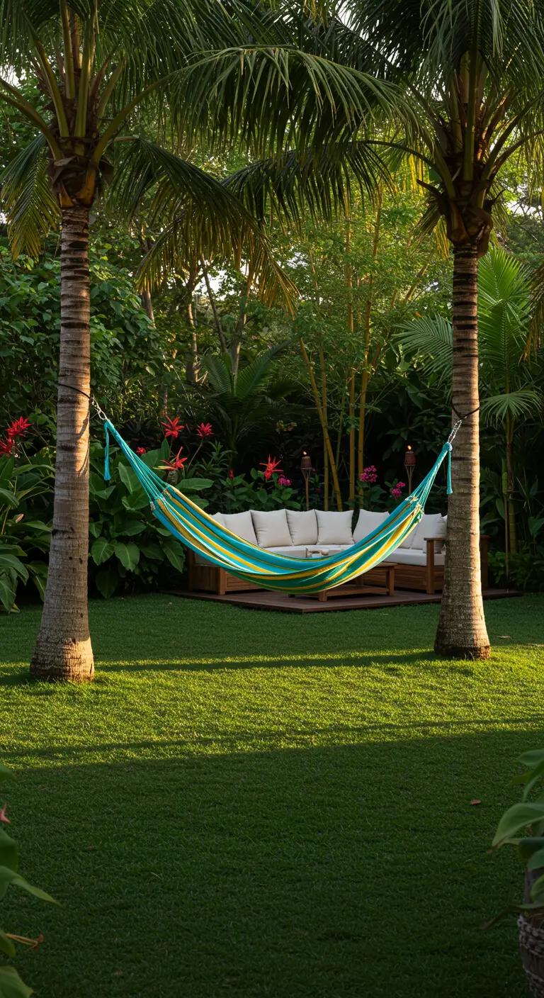 Felgekleurde hangmat tussen twee palmbomen in een tropische tuin met witte loungeset.