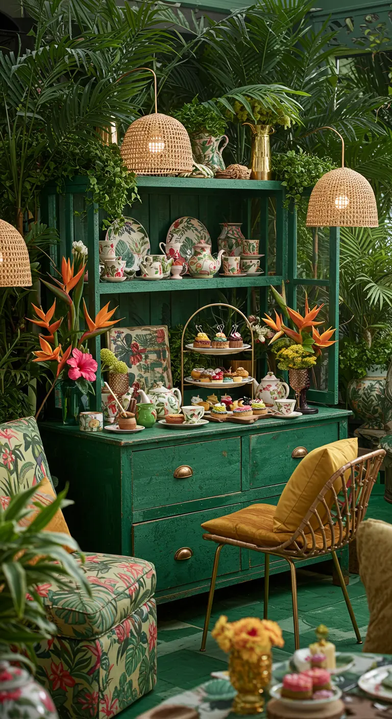 Tropische high tea setting met groene kast, rotan lampen, en veel planten.