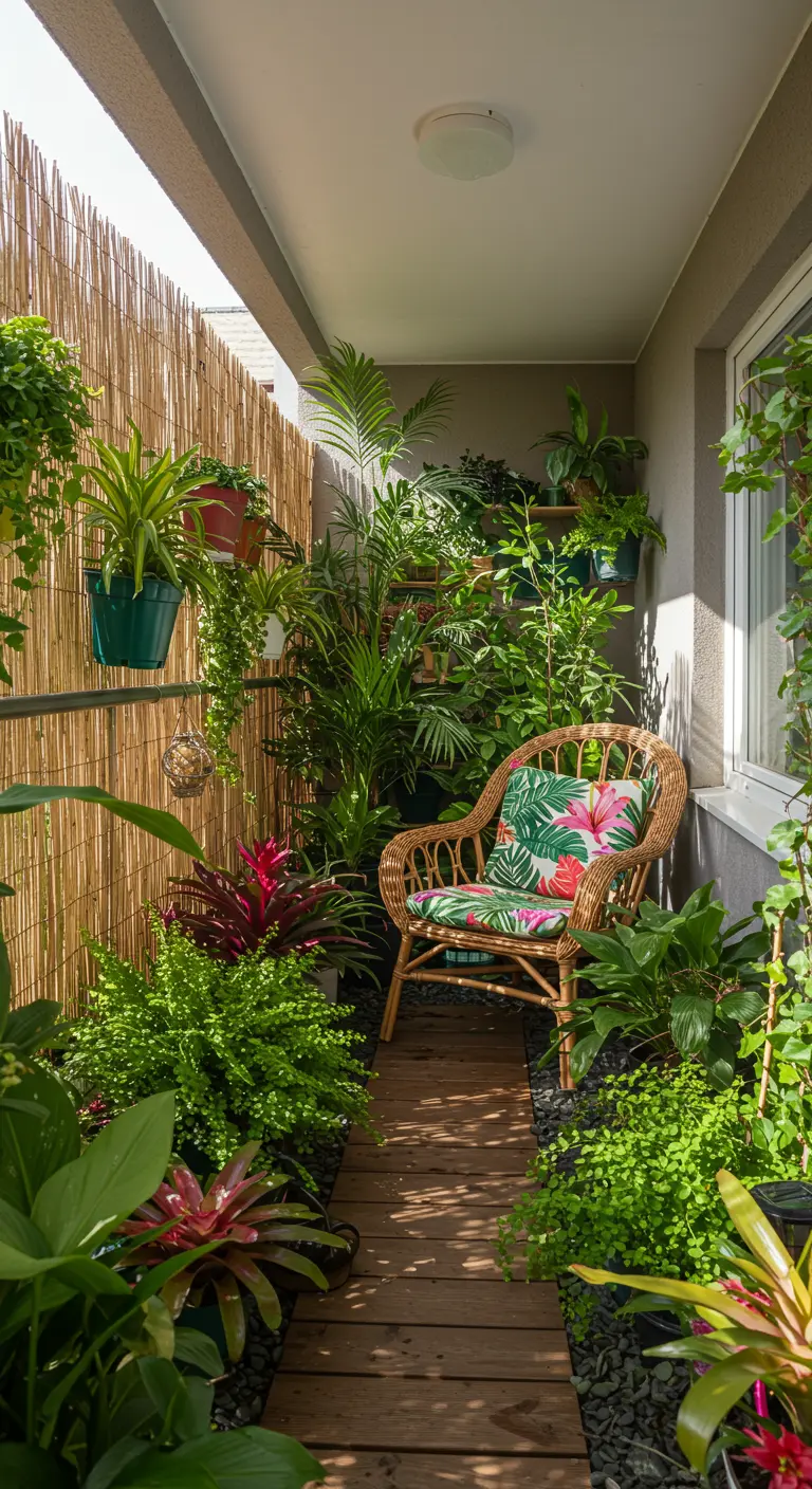 Smal balkon met bamboemat, veel tropische planten en rotan stoel.