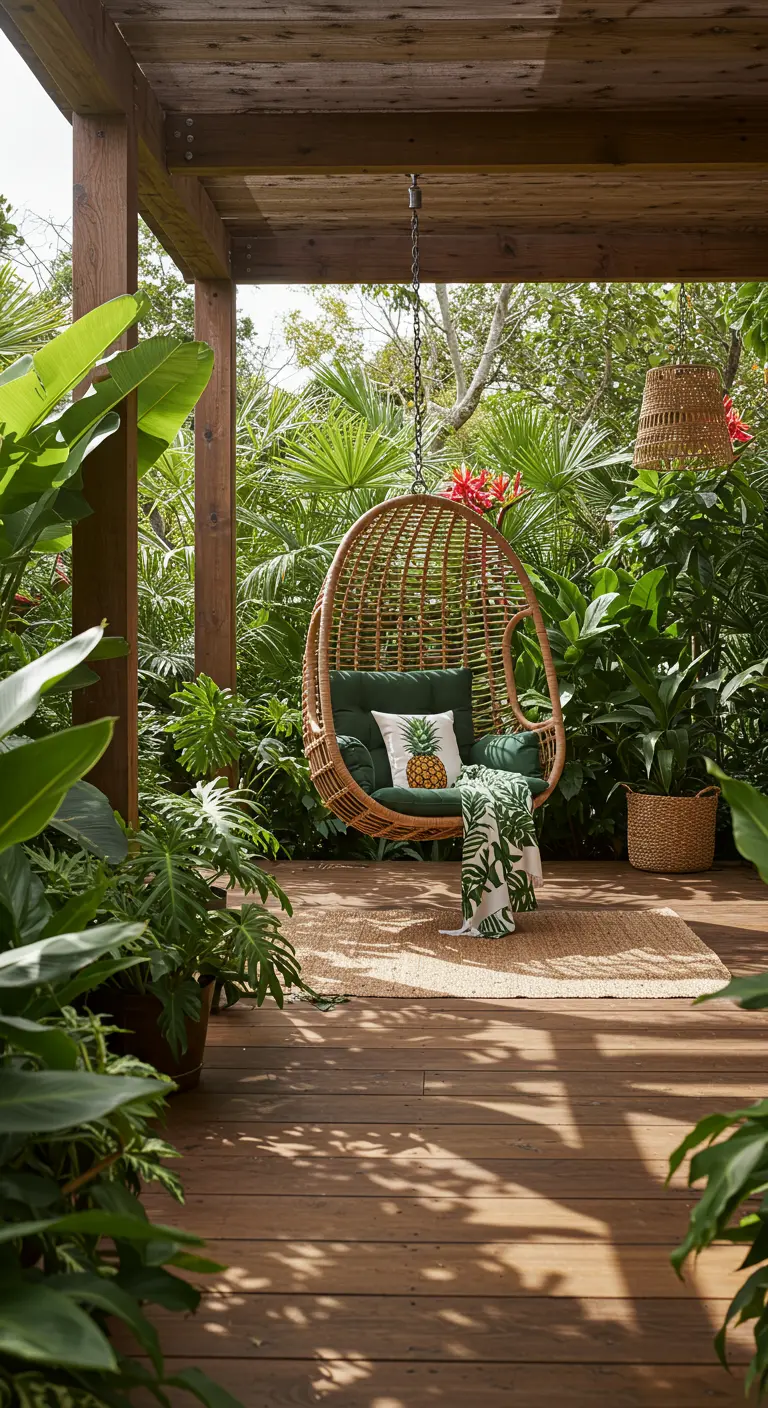 Rotan hangstoel onder houten pergola, omringd door tropische planten.